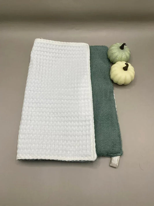 Lavette nid d'abeille microfibre 27x34cm cousue main France, ultra absorbante, couleurs vert gris bleu