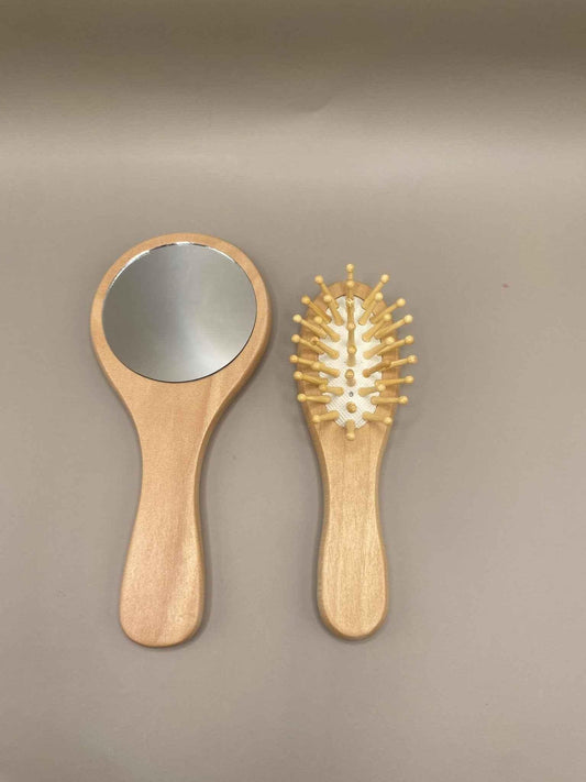 mini brosse à cheveux et miroir en bambou