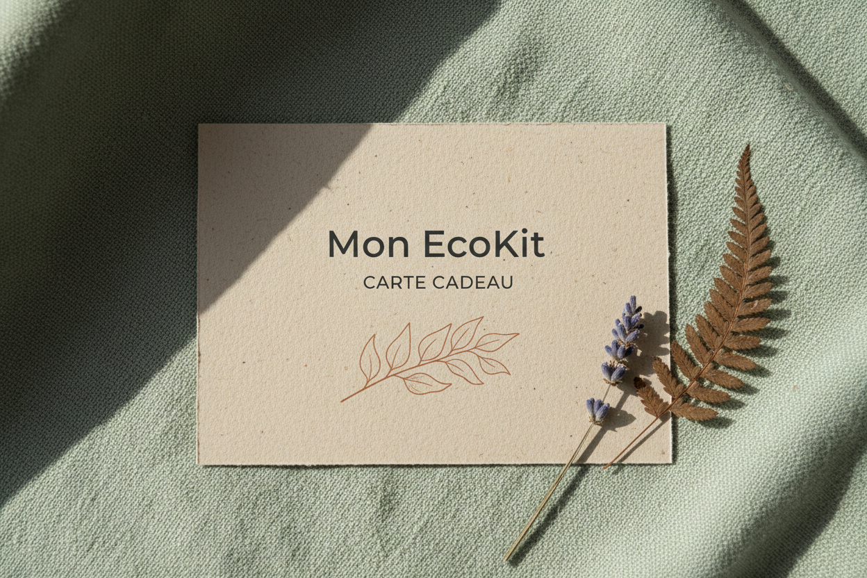 Carte cadeau Mon EcoKit sur fond naturel avec éléments botaniques, tons beiges et verts, style artisanal éco-responsable