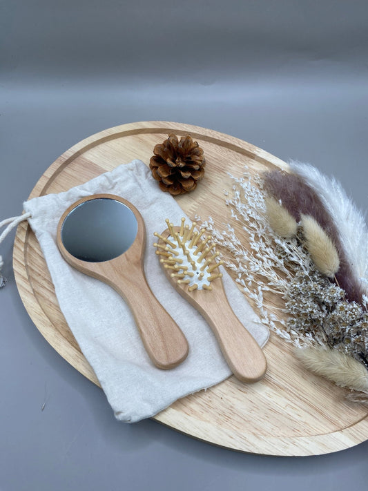 Set mini brosse et miroir en bambou kit beauté nomade compact zéro plastique
