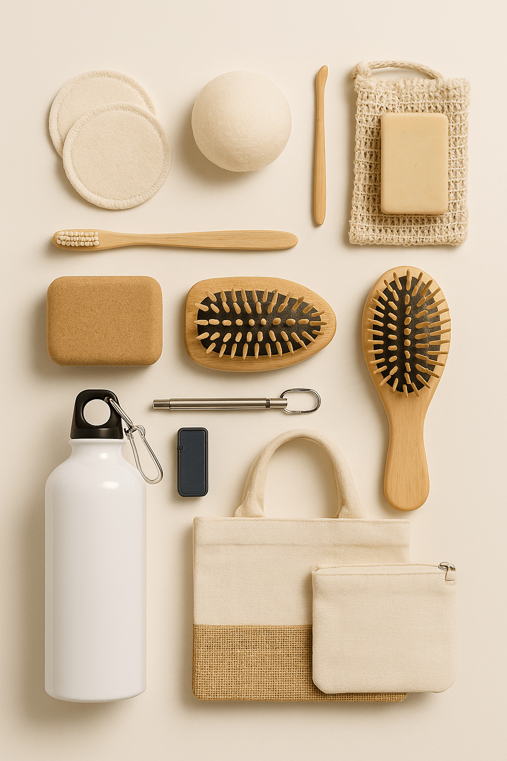 Collection de 10 objets réutilisables zéro déchet disposés sur une table - gourde, sacs en tissu, couverts nomades et accessoires éco-responsables pour réduire les déchets du quotidien