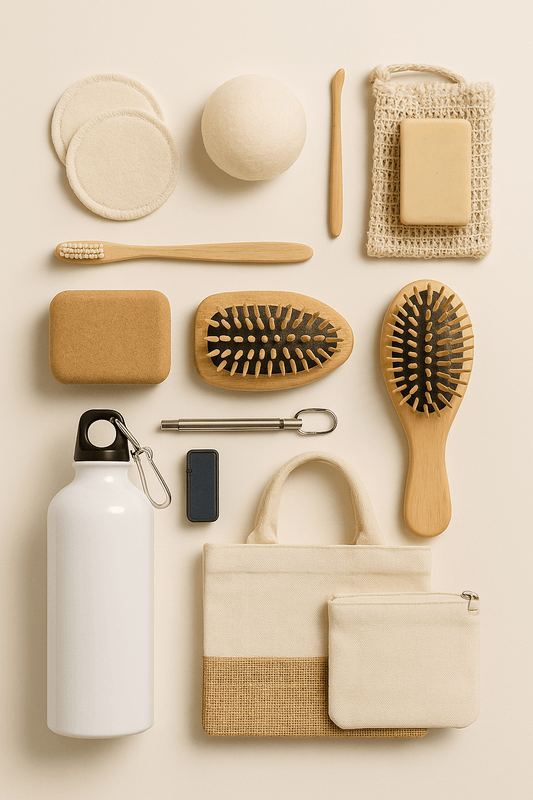 Collection de 10 objets réutilisables zéro déchet disposés sur une table - gourde, sacs en tissu, couverts nomades et accessoires éco-responsables pour réduire les déchets du quotidien