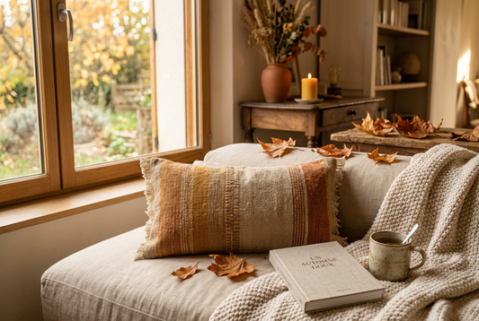 Coussin beige et ocre sur un canapé, avec plaid tricoté, livre, tasse et feuilles d’automne près d’une fenêtre