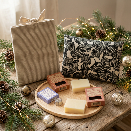 Coffret cadeau Noël Lecture et douceur : housse de livre artisanale en velours côtelé beige, coussin chauffant graines de colza et kit savons bio sur une table en bois brut avec décorations de Noël