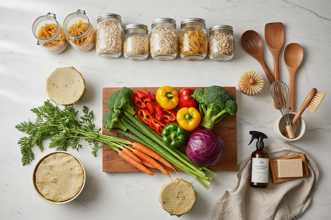Cuisine zéro déchet avec bee wraps réutilisables, bocaux en verre, légumes frais et brosses naturelles