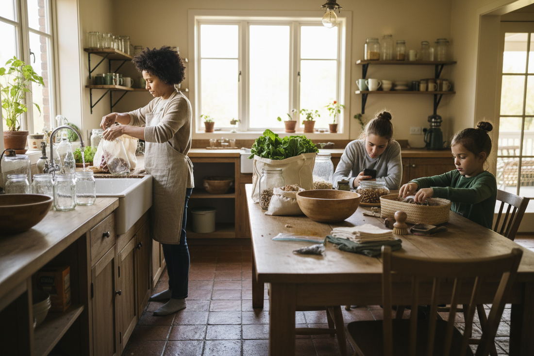 une famille réaliste dans sa cuisine, avec toute l'authenticité du quotidien zéro déchet : un parent qui rince des bocaux, l'autre qui déballe les courses, et les enfants avec des niveaux d'engagement différents. 