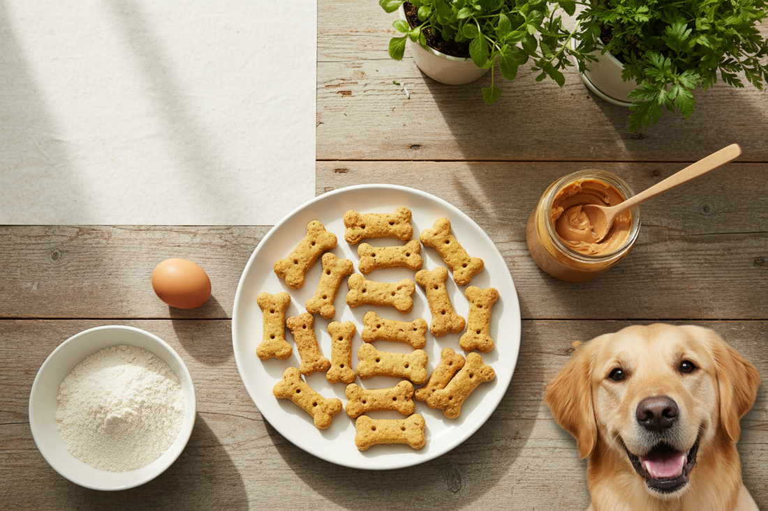 Friandises maison pour chien en forme d'os avec ingrédients naturels - farine complète, œuf et beurre de cacahuète sur table en bois
