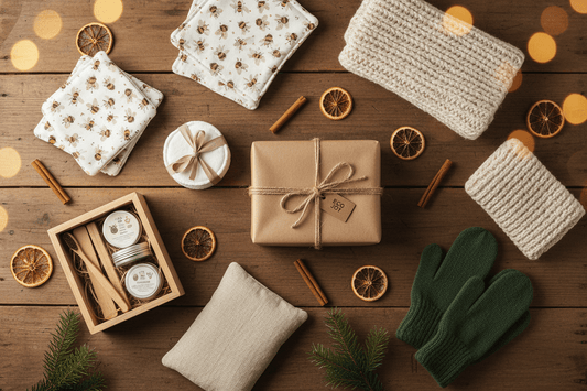 Cadeaux de Noël écologiques emballés naturellement avec branches de sapin, oranges séchées et ficelle sur table en bois