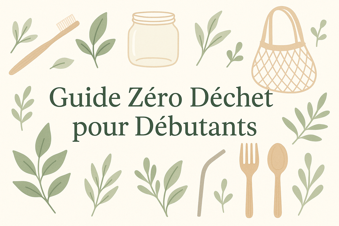 Guide Zéro Déchet pour Débutants avec illustrations d'accessoires écologiques réutilisables : brosse à dents bambou, bocal verre, sac tissu, paille métal, couverts bois et plantes, design naturel et accueillant pour commencer le mode de vie zéro déchet
