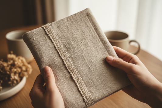 Mains tenant une housse de livre artisanale cousue main en tissu upcyclé naturel - objet fait main durable