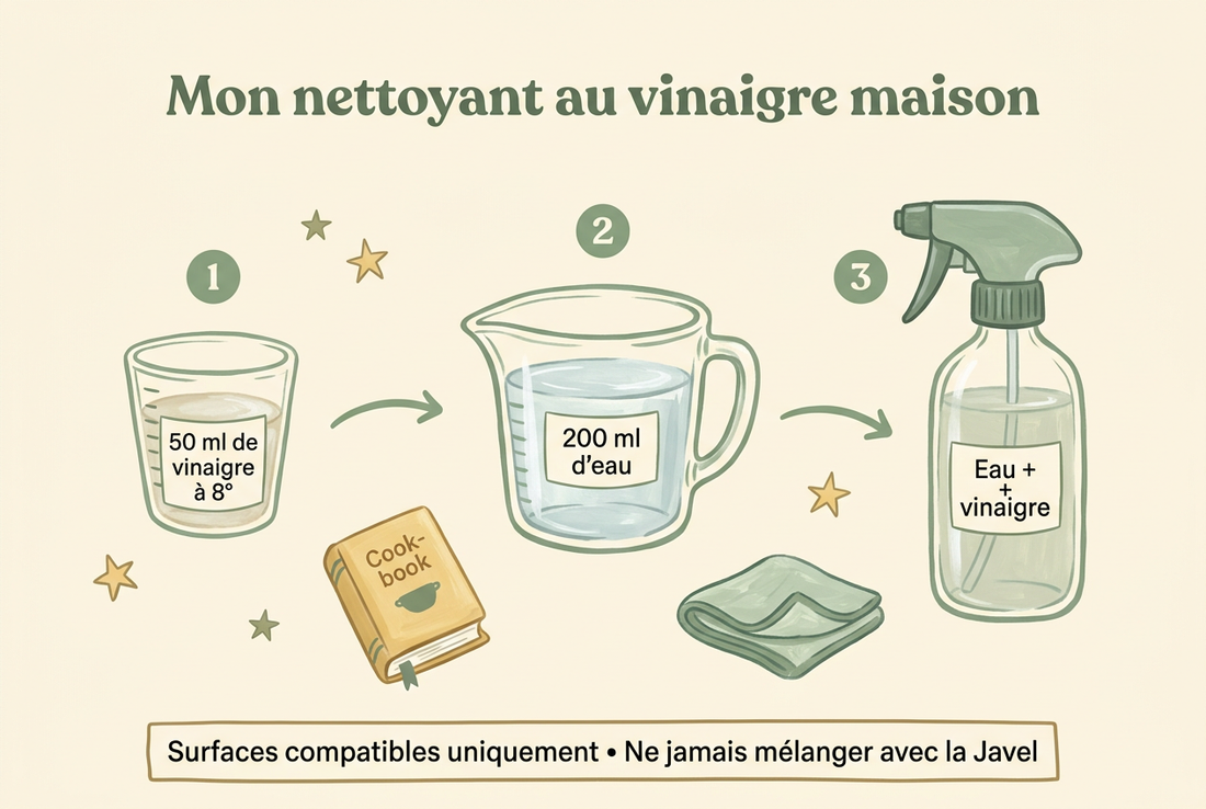 Illustration de la recette : 50 ml de vinaigre à 8°, 200 ml d’eau et un vaporisateur, avec précaution de ne jamais mélanger avec la Javel