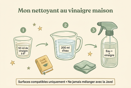 Illustration de la recette : 50 ml de vinaigre à 8°, 200 ml d’eau et un vaporisateur, avec précaution de ne jamais mélanger avec la Javel