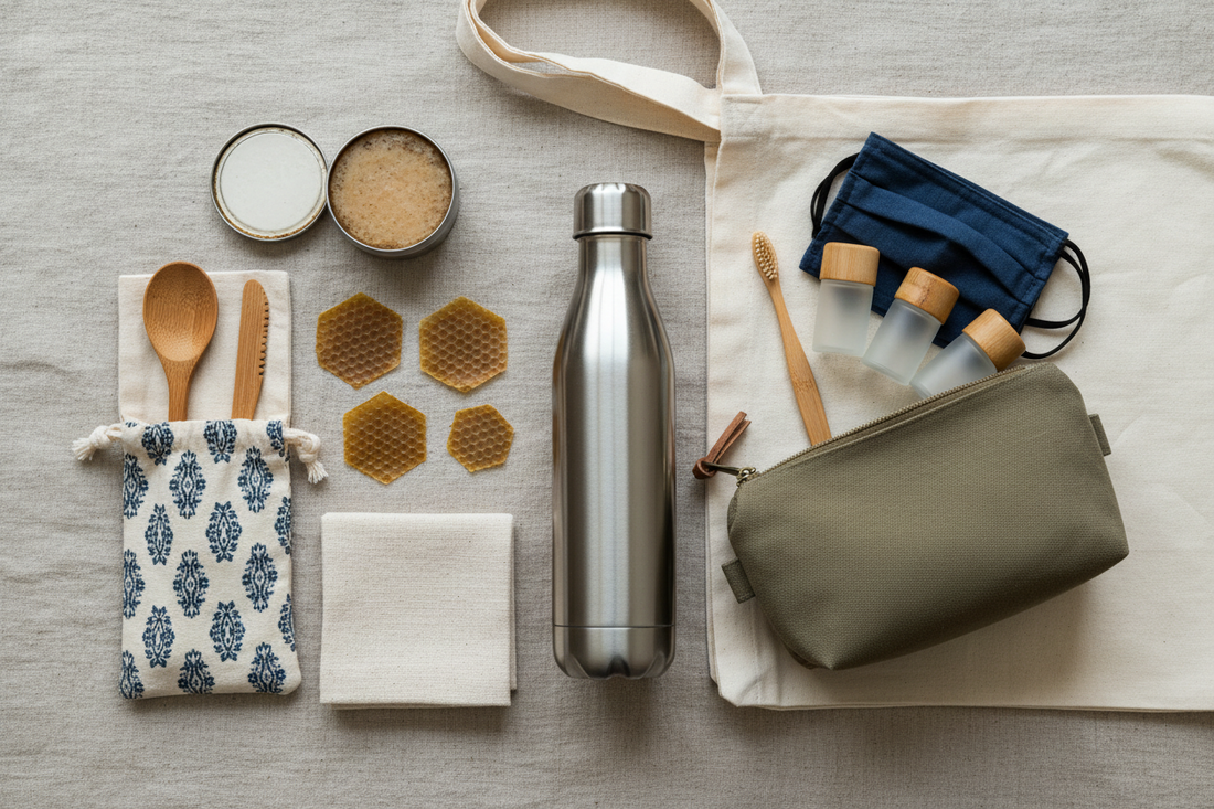 Indispensables pour voyager en avion sans plastique kit zéro déchet gourde lingettes lavables pochette artisanale, Mon EcoKit