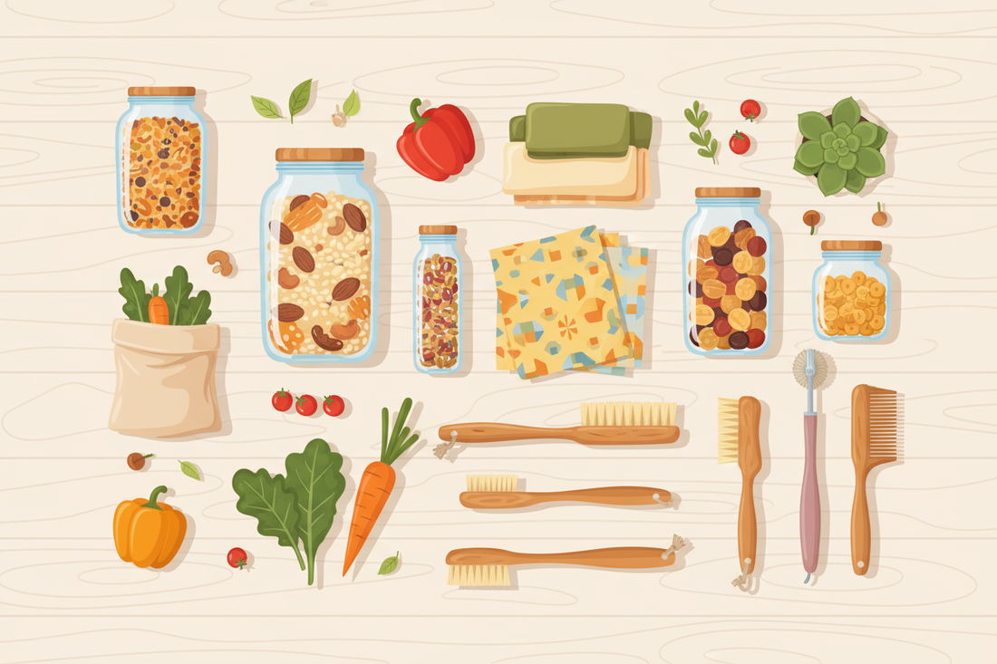 Composition zéro déchet avec bocaux réutilisables, sacs en tissu et produits écologiques sur fond en bois