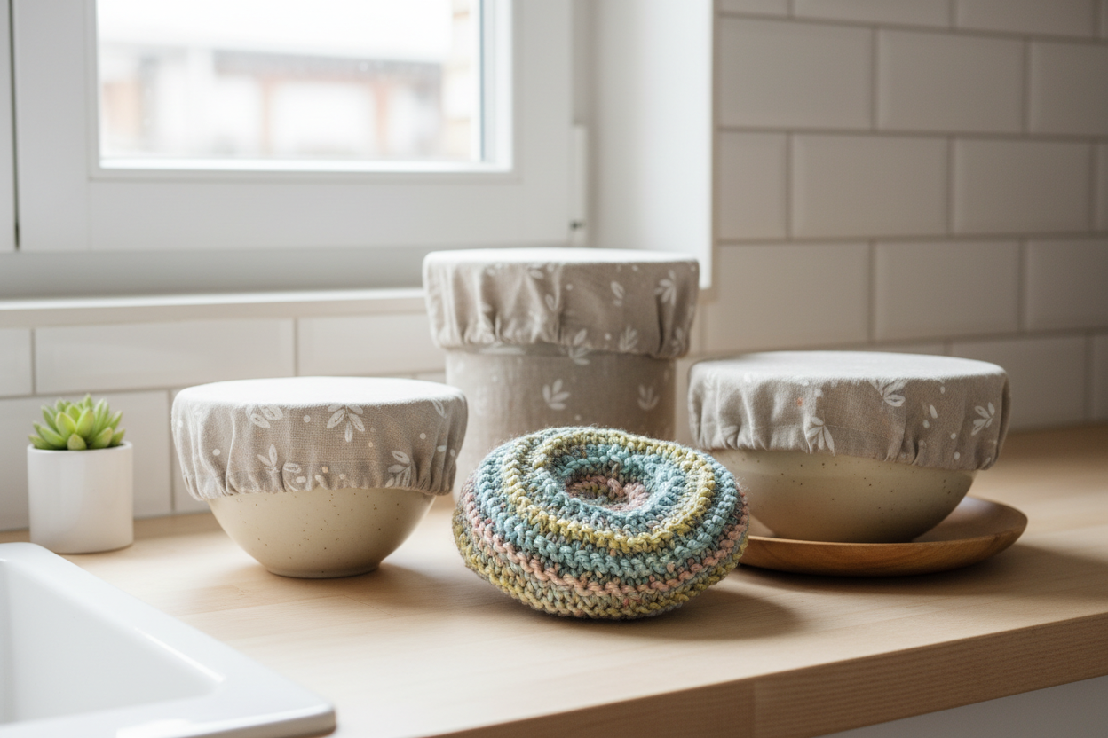 awashis tricotés main, charlottes alimentaires, lavettes microfibre. Accessoires cuisine artisanaux zéro déchet. Collection L'Héritage Textile.