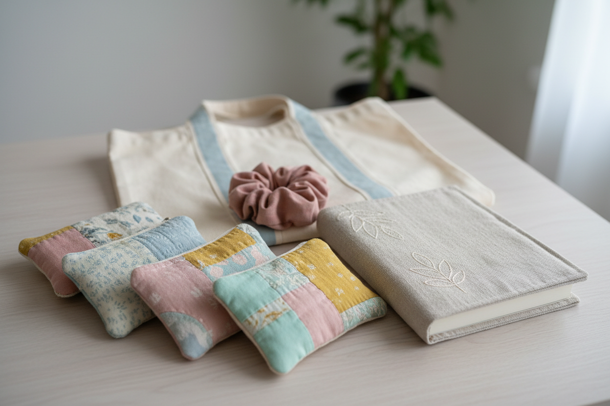 Pochettes, housses de livre, chouchous, tote bag artisanaux. Accessoires textiles upcyclés cousus main. Collection L'Héritage Textile.