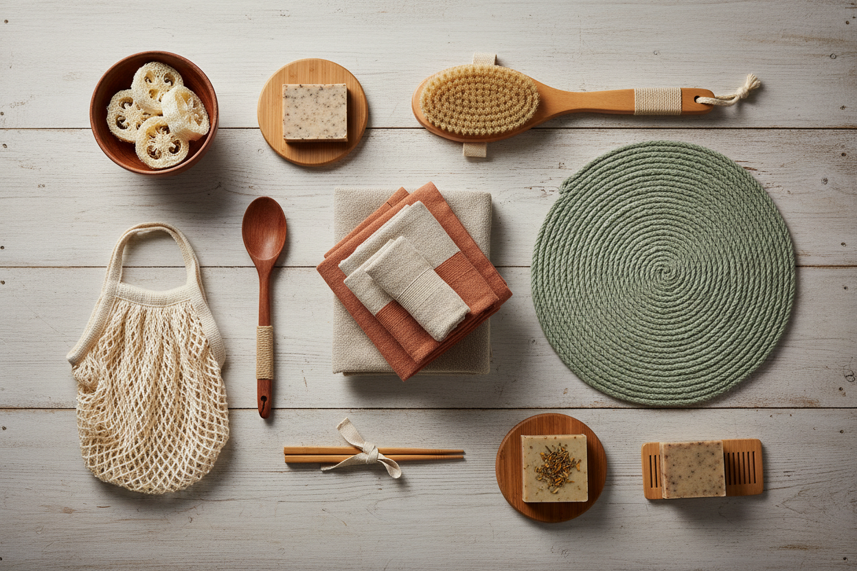 accessoires artisanaux en tissus upcyclés dans des tons terreux 