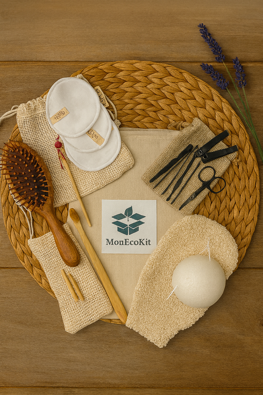 🛁 Une trousse d’hygiène naturelle et réutilisable pour une routine beauté zéro déchet, à la maison comme en déplacement. Ce kit complet rassemble tous les essentiels dans un pochon en coton bio pratique et élégant.