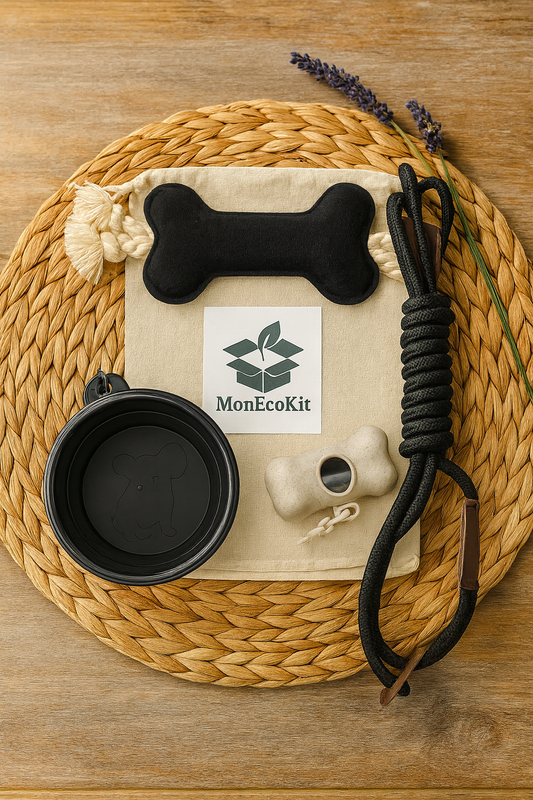 🐾 Pour chouchouter ton compagnon à quatre pattes tout en respectant la planète. Ce kit réunit les essentiels pour promener, nourrir et divertir ton chien, en version éthique et réutilisable.