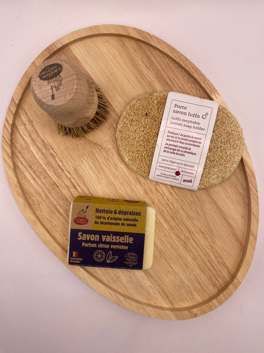 Kit Vaisselle Zéro Déchet – Savon, Brosse & Porte-Savon Luffa