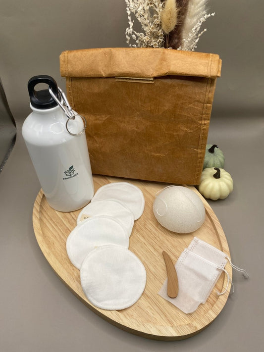 Kit découverte zéro déchet 6 essentiels écologiques : gourde inox, disques démaquillants, sac sandwich, éponge konjac, spatule bambou
