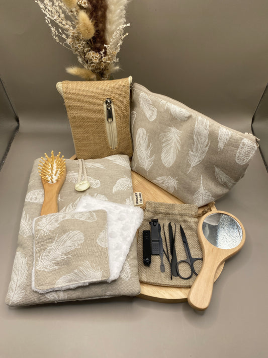  Kit sac à main artisanal zéro déchet 7 accessoires écologiques lingettes pochette chouchou housse livre fait main France