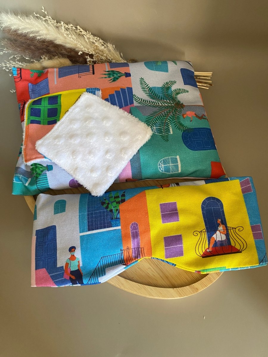 coffret comprenant masque et coussins chauffants et lingettes fait main