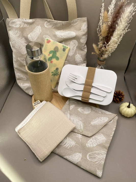 kit nomade vec lunch box, tote bag et serviette faits-main, gourde en verre