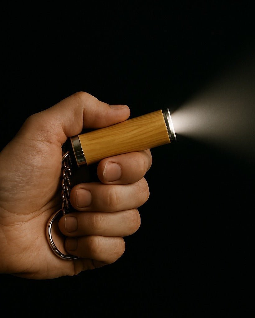 Porte-clés lampe LED bambou écologique en situation d'utilisation
